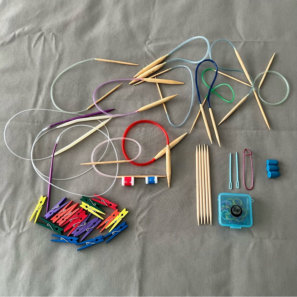 Circular Knitting Needle Assortment and Miscellaneous Supplies Lot